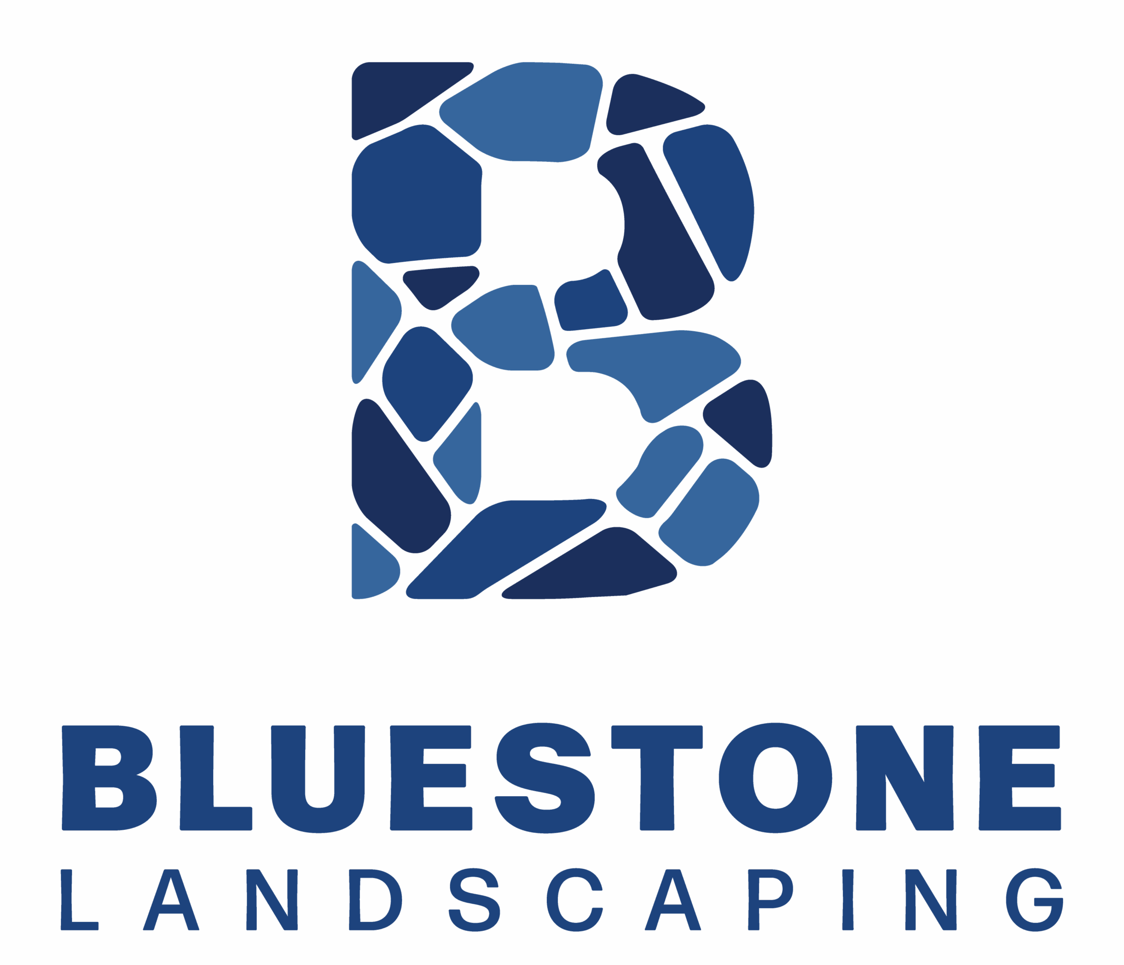 A blue logo featuring a stylized "B" made of stone-like shapes above the text "Bluestone Landscaping" on a blue background.
