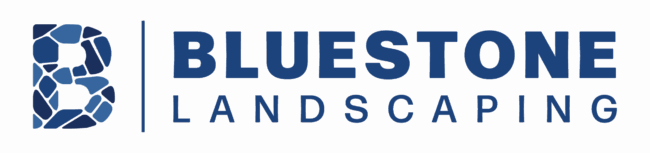 A blue logo for "Bluestone Landscaping" features a stylized "B" with stone-like textures, emphasizing professionalism and outdoor services.