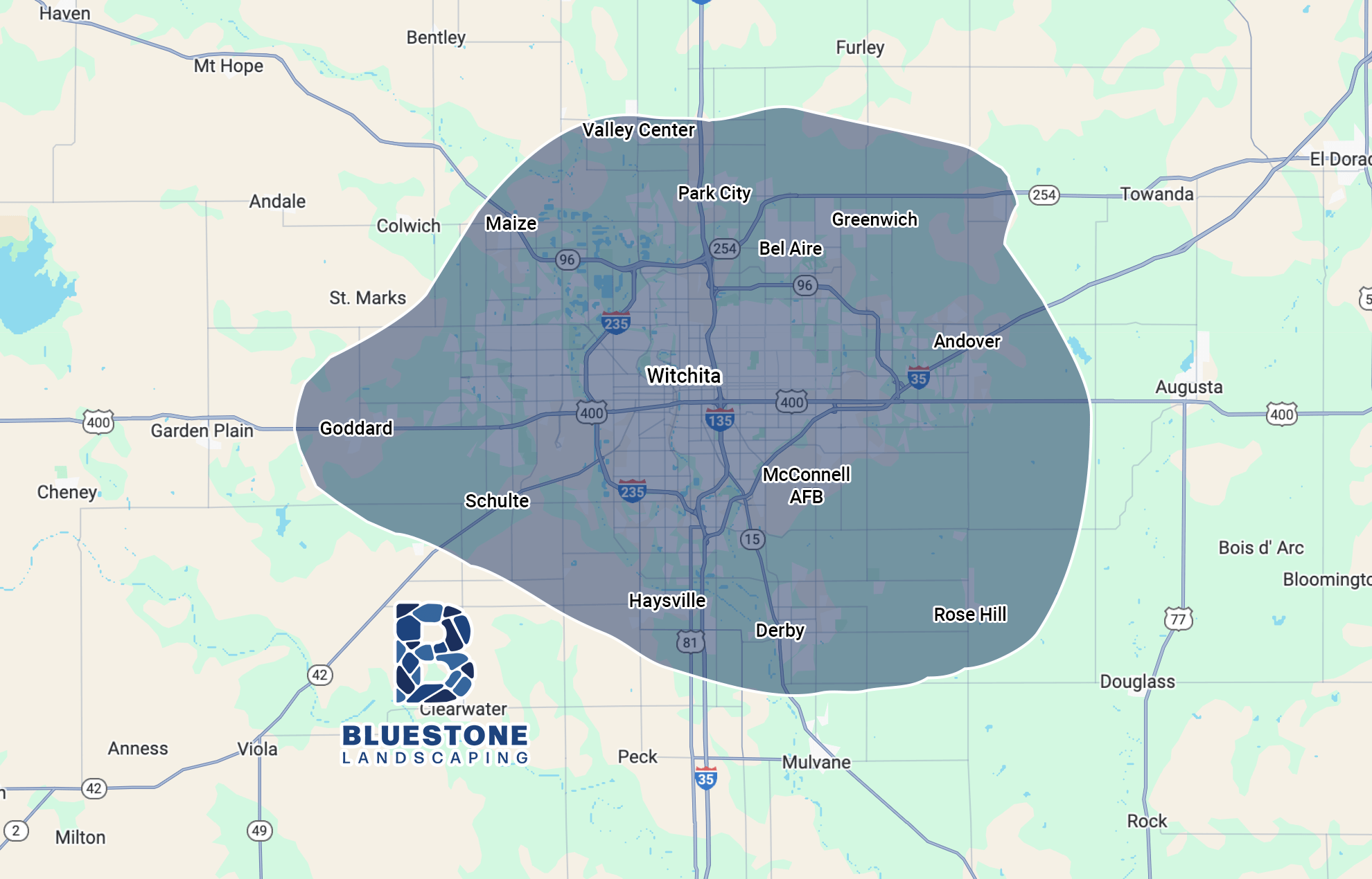 Map showing Wichita, Kansas area with towns like Goddard, Andover, and Haysville. Bluestone Landscaping covers a highlighted central zone.