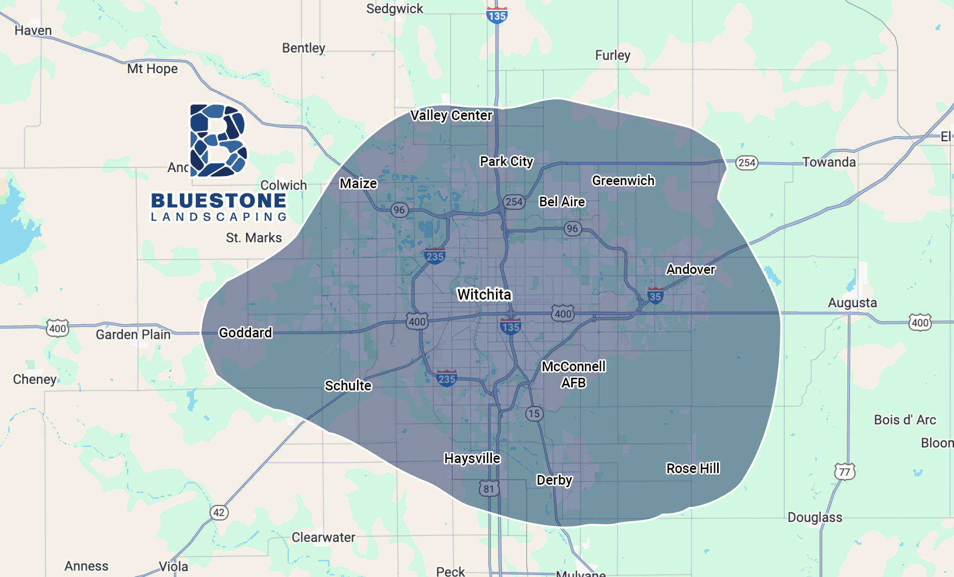 Bluestone Landscaping service area around Wichita map.