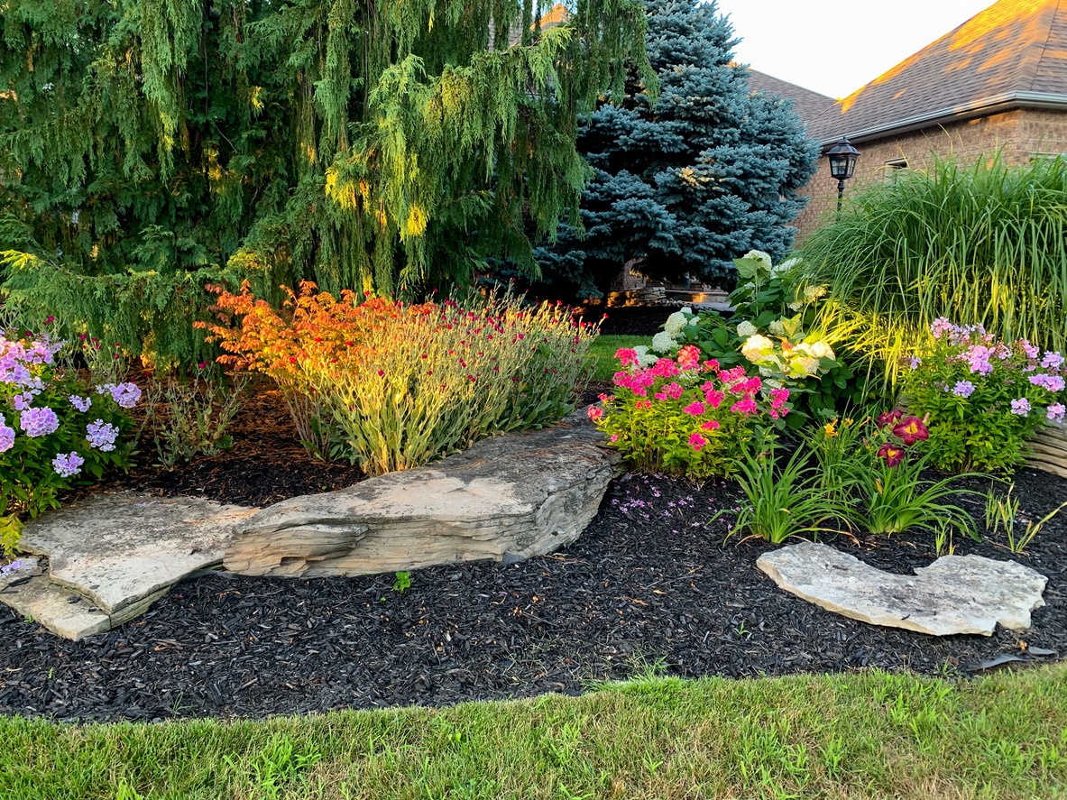 Colorful garden with flowers and decorative rocks.