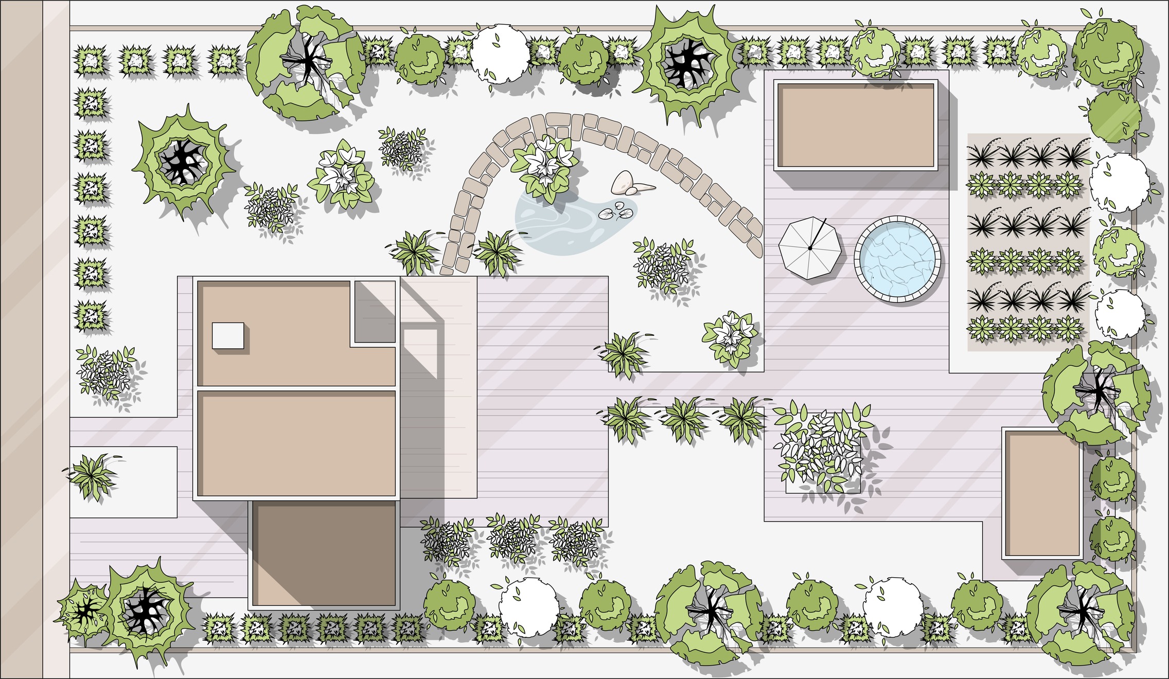 Residential landscape design with garden walkway and plants.