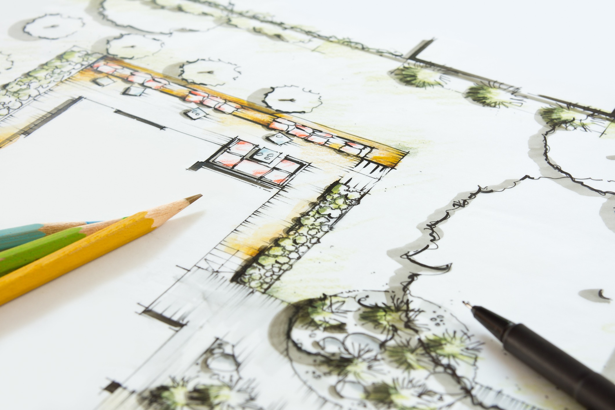 Architectural landscape sketch with pencils and pen.
