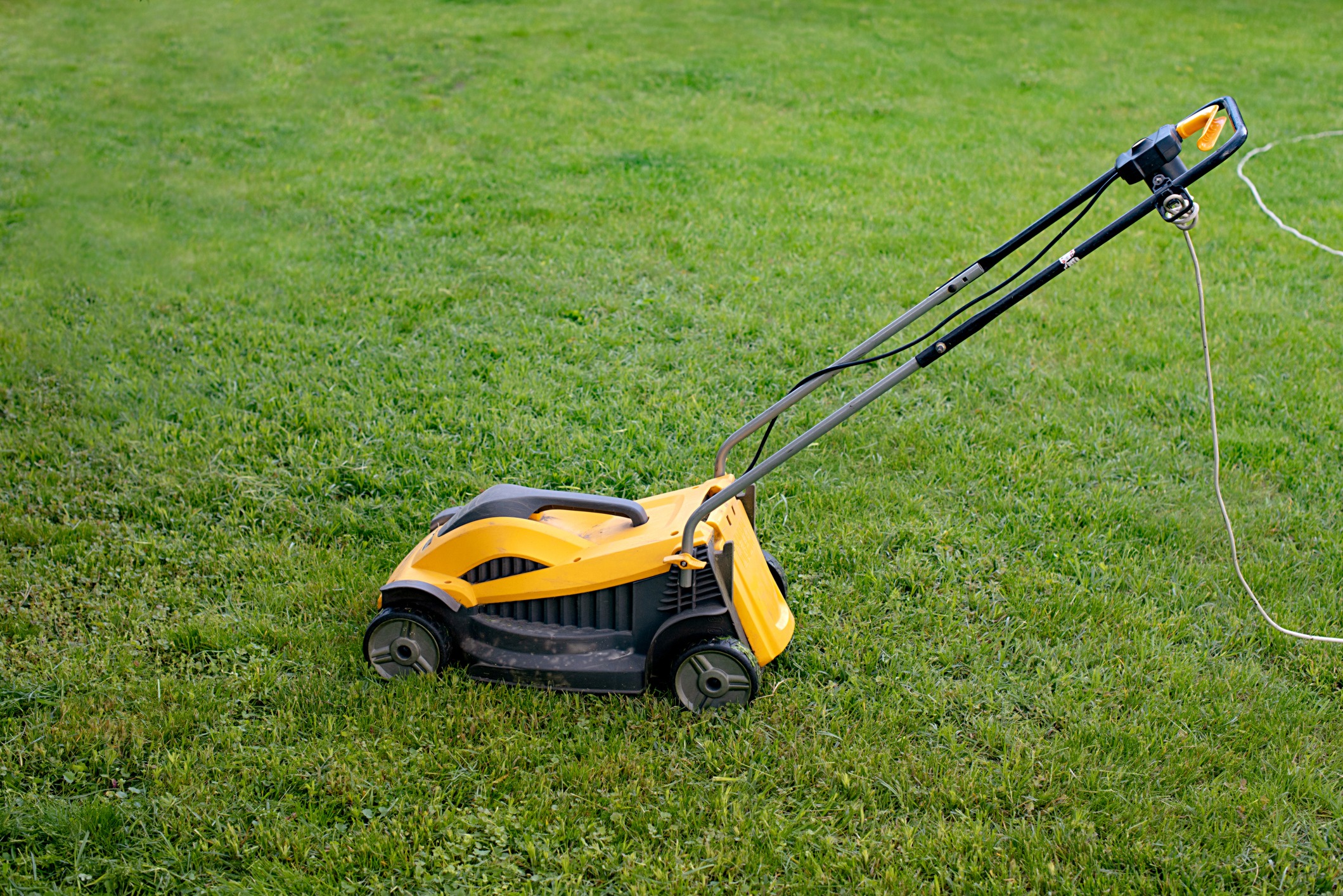Yellow electric lawnmower on green grass.
