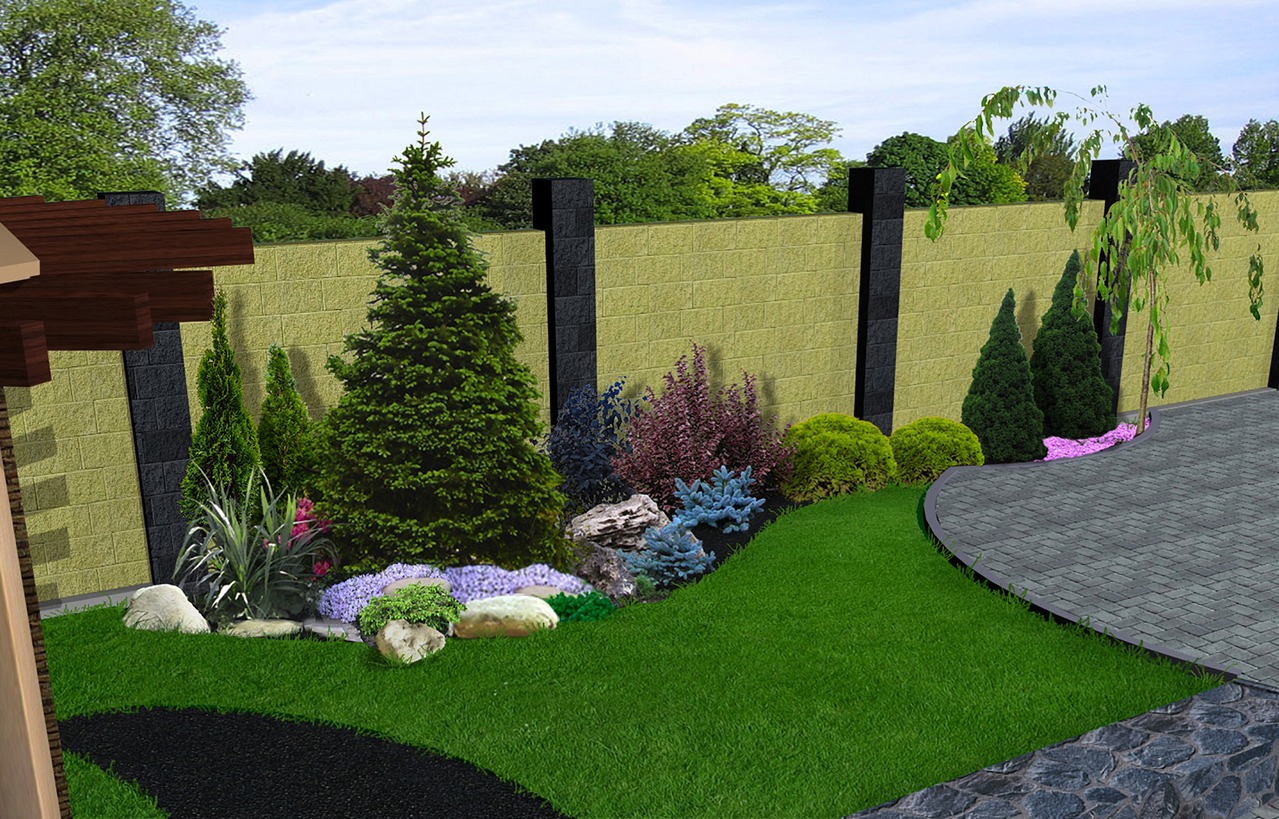 Lush garden with trees and colorful shrubs