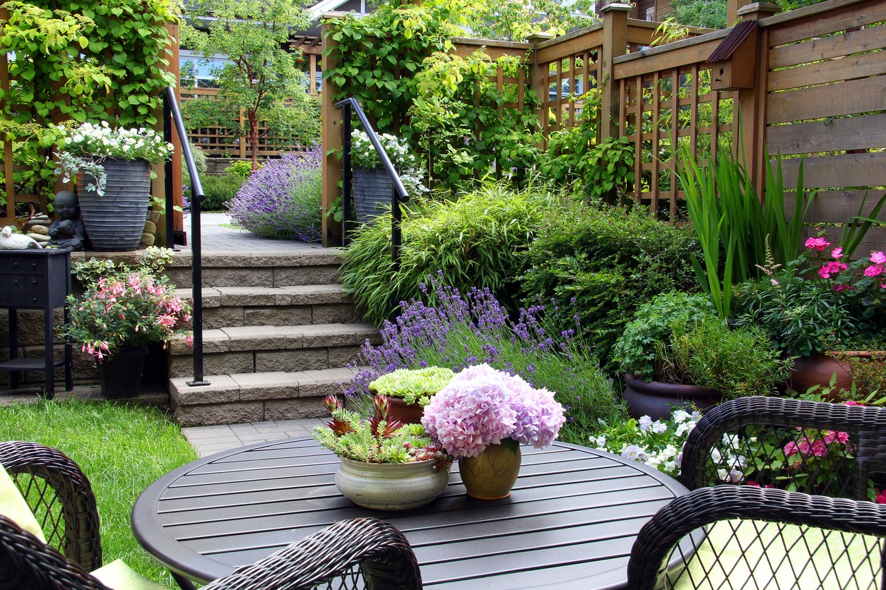 Lush garden patio with flowers and wooden fence.