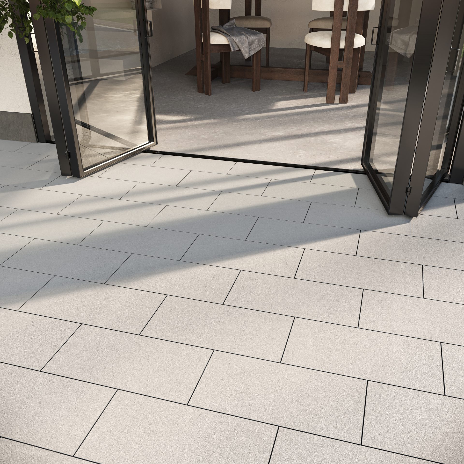 Open patio doors with beige tiled floor.