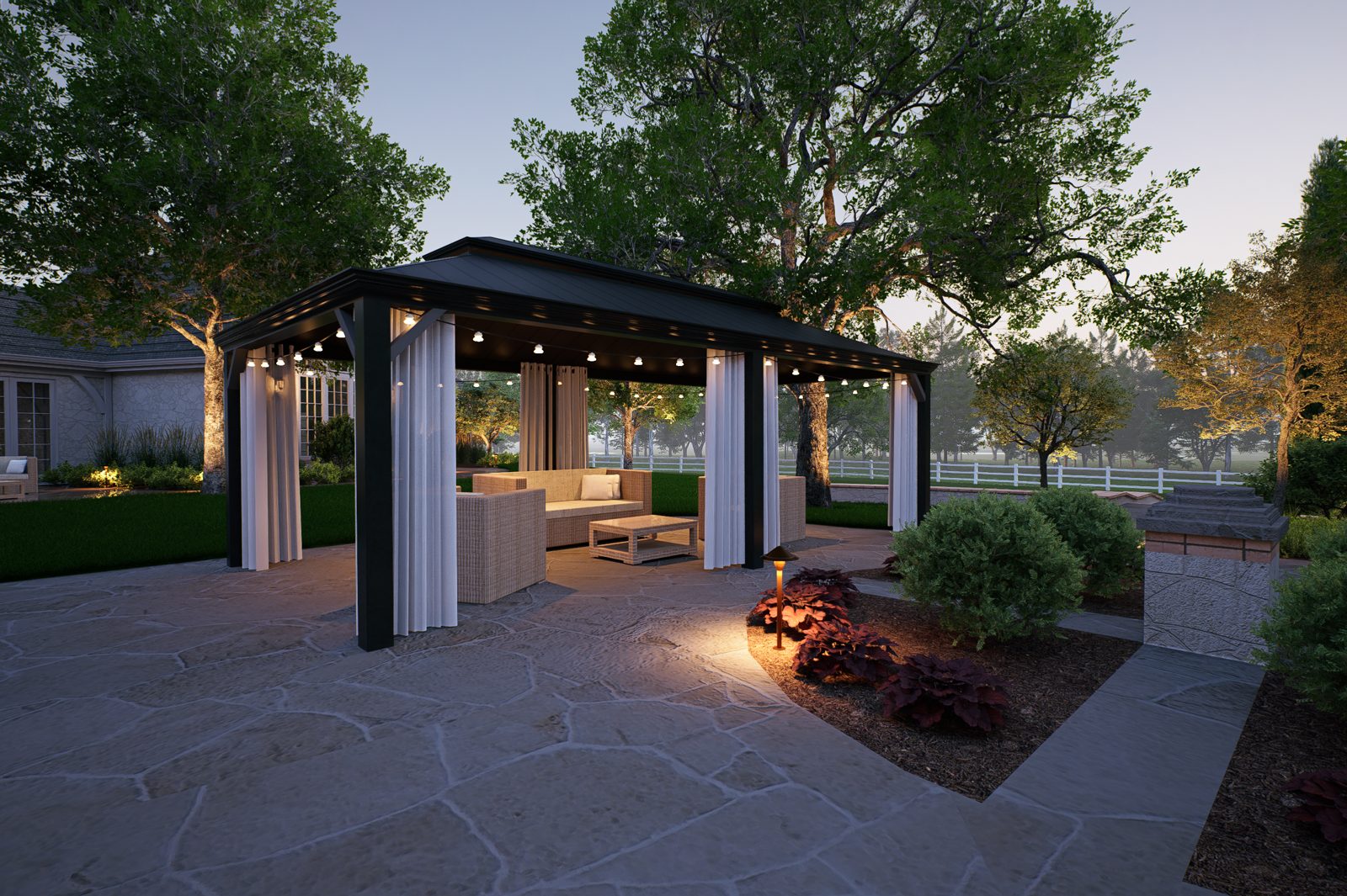 3D design rendering of a backyard pavilion with curtains, string lights, and flagstone patio in Wichita, KS
